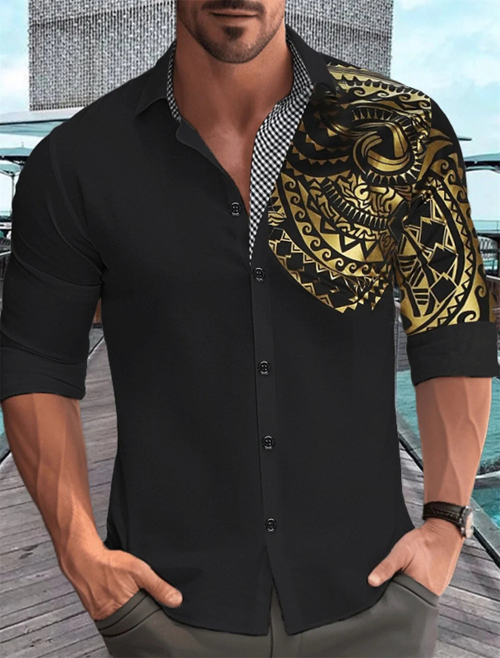 Men's shirt with gold pattern print, white, black, red long sleeved lapel button up shirt, fashionable casual top, plus size