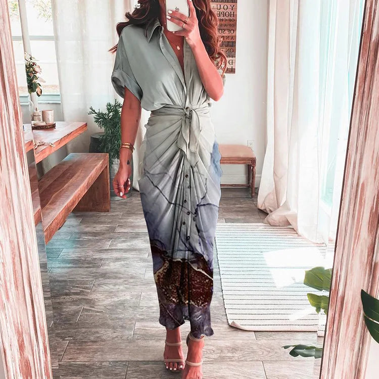 Sexy Irregular Long Dress For Women Fashion V-neck Lace-up Wrinkled Buttoned Dress Elegant Short Sleeves Clothing Ropa De Mujer