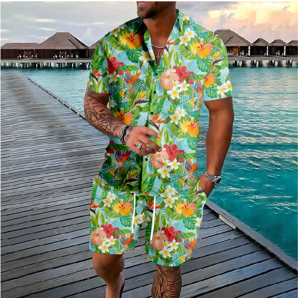 Hawaiian Flamingo Coconut Tree 3d Print Short Sleeve Shirt+Shorts 2Pcs Set Casual Beachwear Vacation 2 Piece Suits Men Clothing