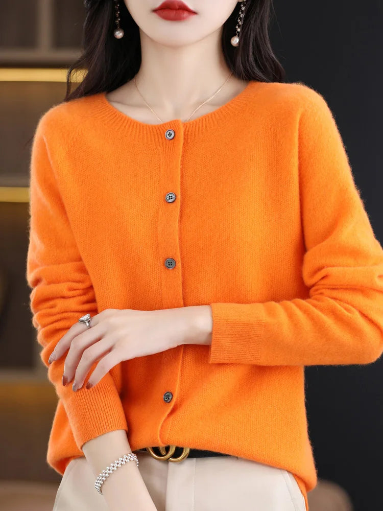 Long Sleeve 100% Merino Wool Sweaters Cashmere Cardigan Spring Autumn Women O-Neck Knitwear Tops Clothing Fashion Basic Tops
