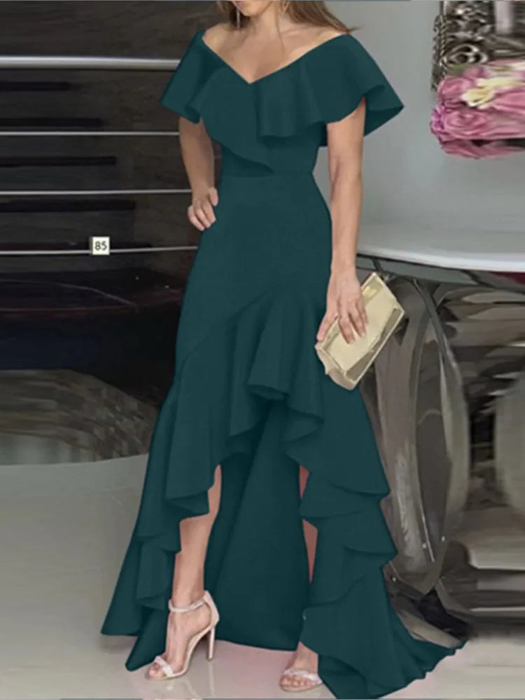 Fashion Evening Dresses Sexy V-Neck Elegant Party Irregular Solid Color Hem Ruffle Women Maxi Dress Short Sleeve Floor Length