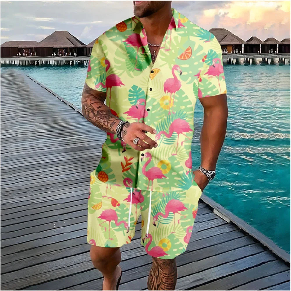 Hawaiian Flamingo Coconut Tree 3d Print Short Sleeve Shirt+Shorts 2Pcs Set Casual Beachwear Vacation 2 Piece Suits Men Clothing