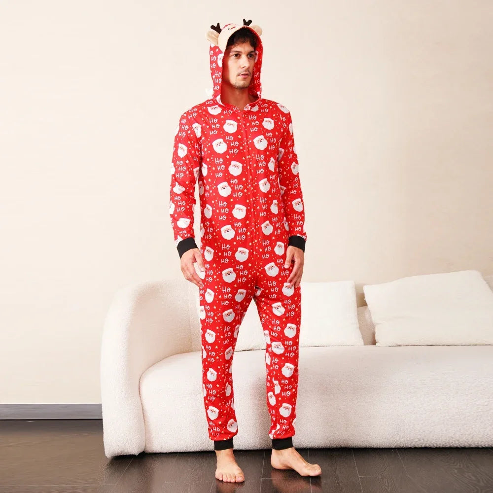 Christmas Gift Mother Father Kids Matching Outfits Cute Deer Ear Hooded Romper Overall Soft Loose One-Piece Pajamas Family Look