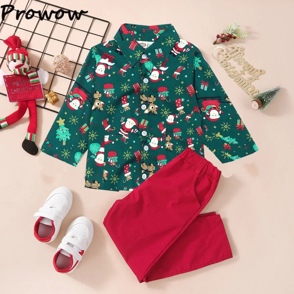 Boys Christmas Outfits For Kids Baby Festival Clothing Short/Long Sleeve Gentleman Shirts+Red Pants New Year Children's Costume