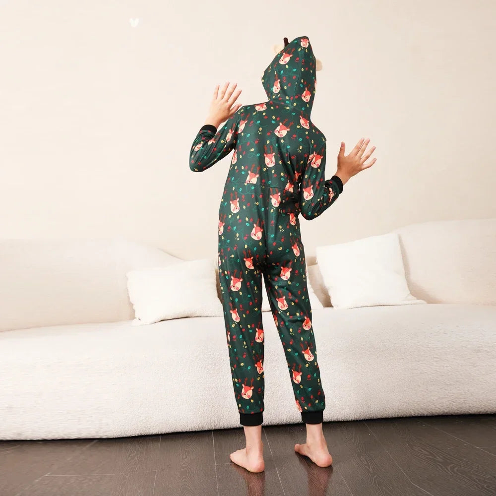 Christmas Gift Mother Father Kids Matching Outfits Cute Deer Ear Hooded Romper Overall Soft Loose One-Piece Pajamas Family Look