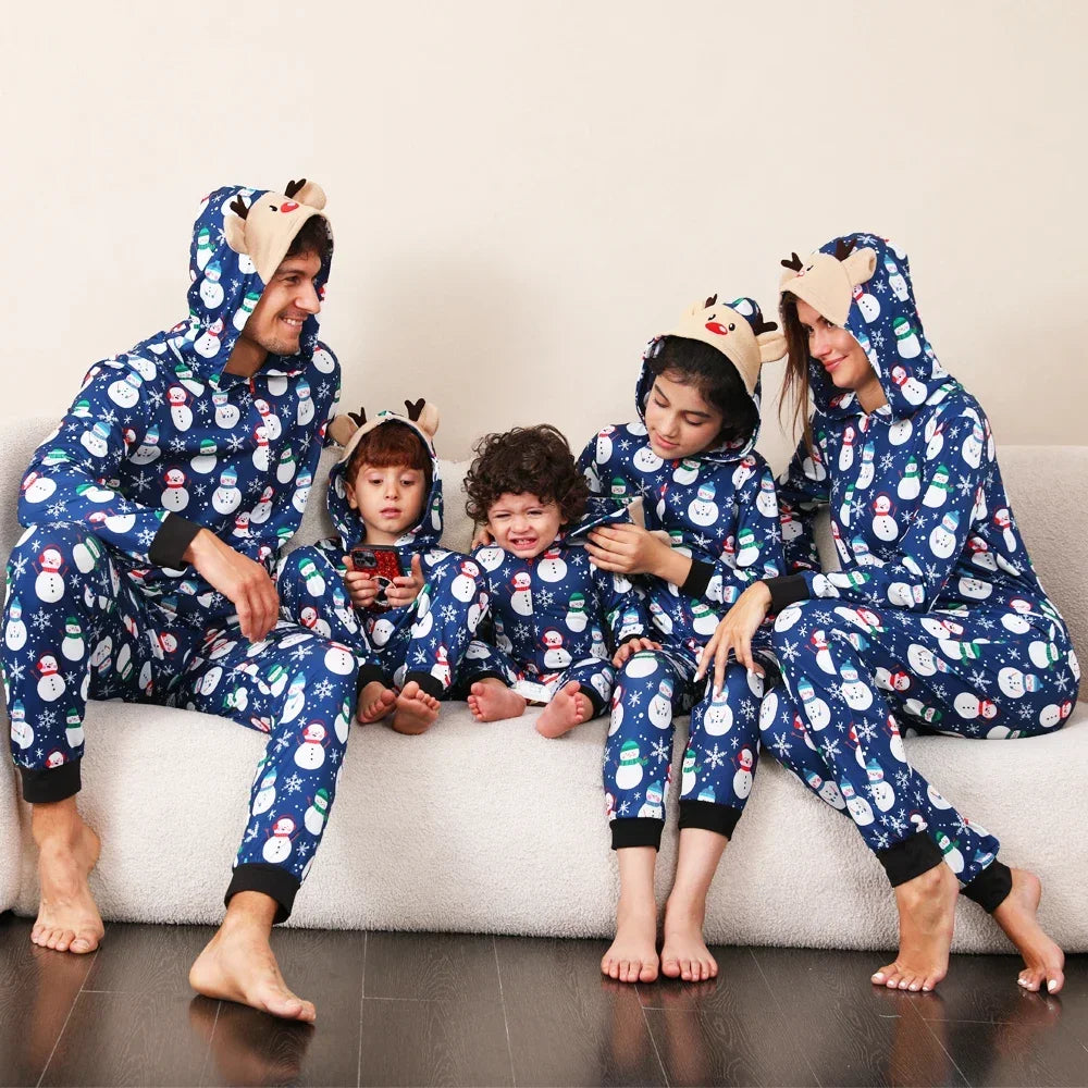 Christmas Gift Mother Father Kids Matching Outfits Cute Deer Ear Hooded Romper Overall Soft Loose One-Piece Pajamas Family Look