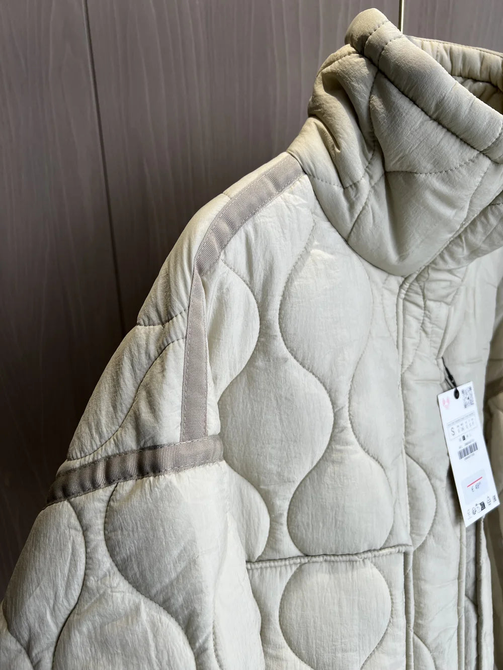 Quilted coat for women ETJ 2025 QUILTED JACKET WITH TIES new beige drawstring high neck pocket clip cotton jacket for women