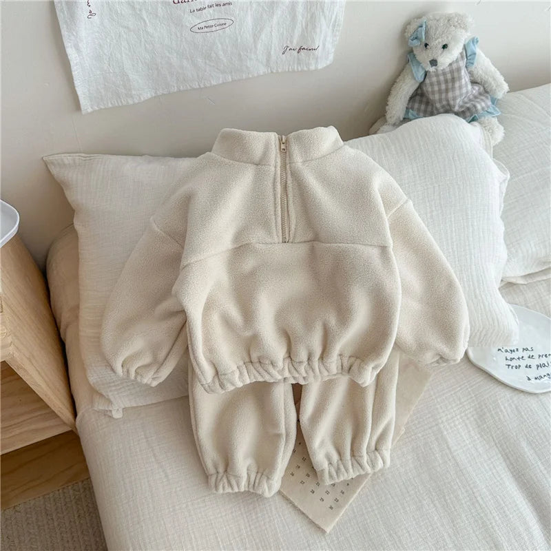 Kids Fleece Warm Set Winter Plus Velvet Outfits Long Sleeved Pullover Tops+Pants 2Pcs Autumn Children's Casual Clothing Suits