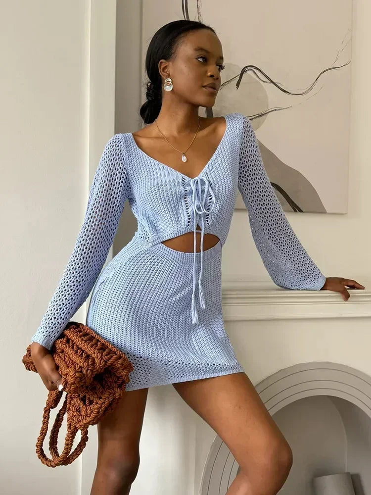 2024 Women Solid Knitted Cut Out Swimwear Cover Up Sexy V-neck Lace-up Bell Sleeve Beach Mini Dress Summer Holiday Outfits A3096