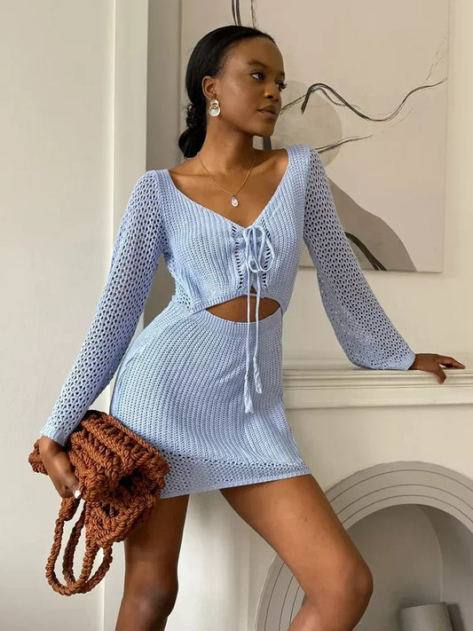 2024 Women Solid Knitted Cut Out Swimwear Cover Up Sexy V-neck Lace-up Bell Sleeve Beach Mini Dress Summer Holiday Outfits A3096