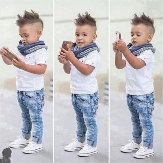 2024 Summer Boys Outfits Set 3Pcs Kids Random Cool Clothes Toddler T-Shirt + Jeans + Scarf Fashion Suits Children's Clothing Set