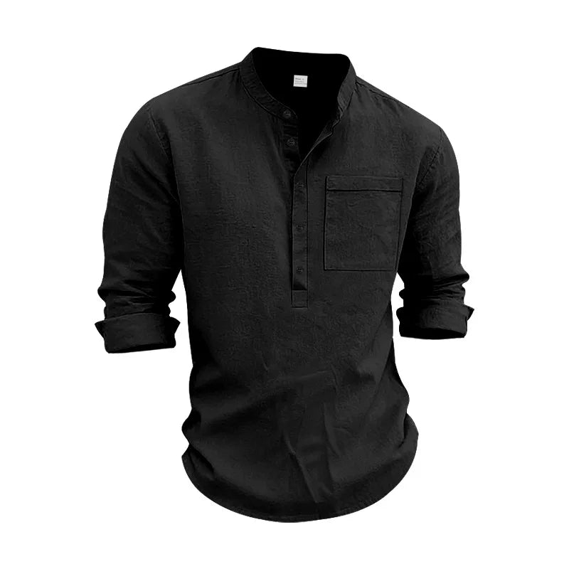 Summer Men's Linen Henry Long Sleeve T-Shirt  European and American Woven Solid Color Casual Polo Shirt