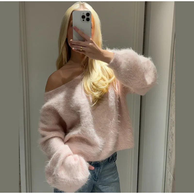 Women Solid Off Shoulder Pullover Fashion Classic Full Sleeve Loose Knitted Mohair Knitwear Lady High Street Autumn Sweaters