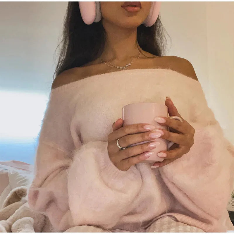 Women Solid Off Shoulder Pullover Fashion Classic Full Sleeve Loose Knitted Mohair Knitwear Lady High Street Autumn Sweaters