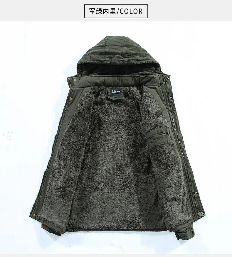 Parkas Coat Military Windproof Hooded Jackets Man Washed Cotton Thick Fleece Casual New  Winter Warm Varsity Jacket Men