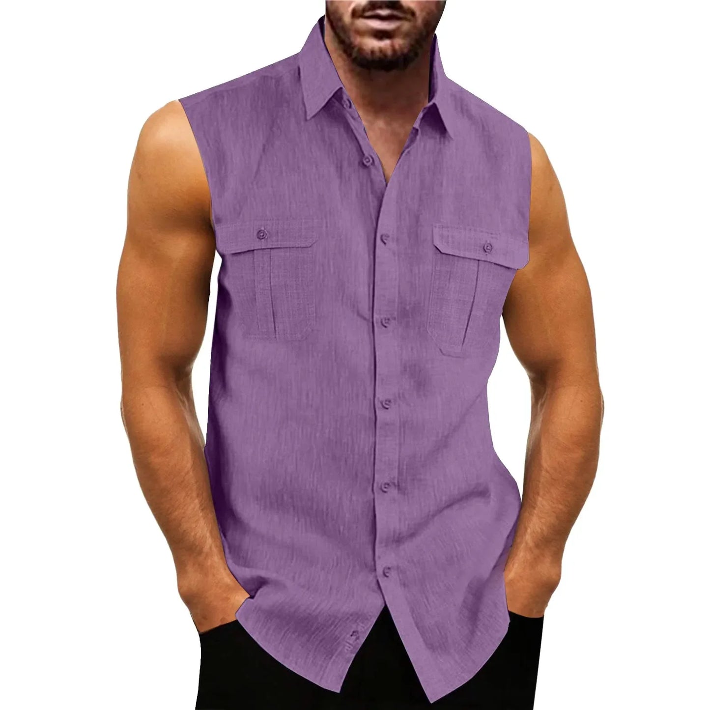 New Men's Shirts Vest Summer Cotton Linen Tops Solid Color Cardigan Sleeveless Loose Lapel Handsome Men's Shirts Casual Blouse