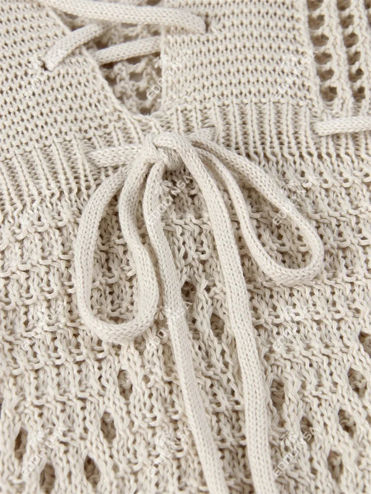 Sexy Deep V-neck Lace-up Bell Sleeve Knit Mesh Hollow Out Beach Mini Dress 2025 Summer Swimsuit Cover Up Women Casual Tunic K14
