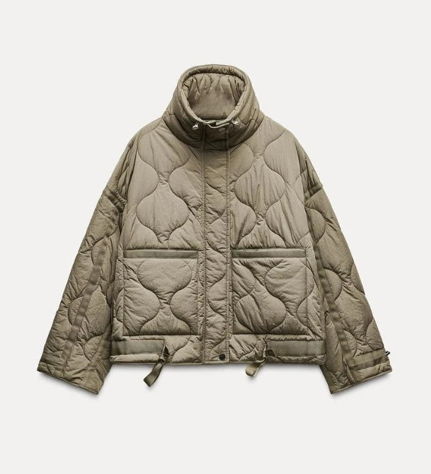 Quilted coat for women ETJ 2025 QUILTED JACKET WITH TIES new beige drawstring high neck pocket clip cotton jacket for women
