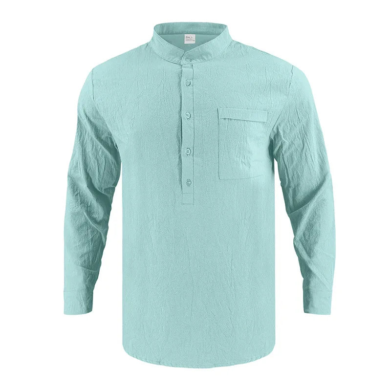 Summer Men's Linen Henry Long Sleeve T-Shirt  European and American Woven Solid Color Casual Polo Shirt
