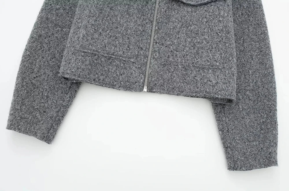 Women Fashion Patch Pockets With Flaps Cropped Jacket Coat Vintage Long Sleeve Front Zipper Female Outerwear Chic Tops