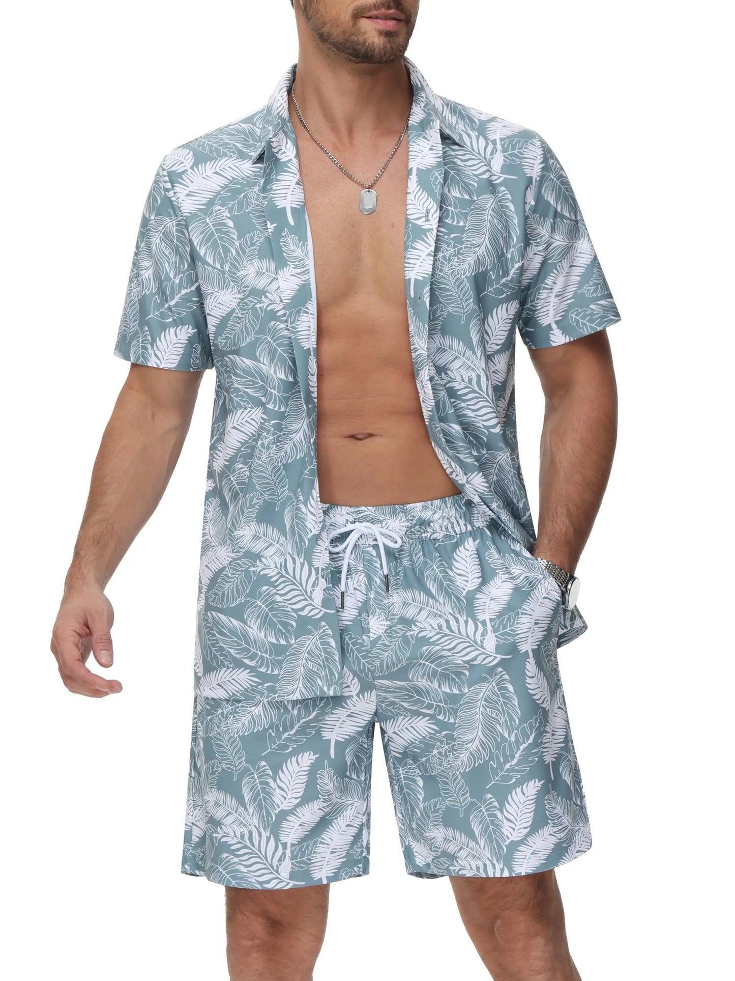 Men’s Hawaiian Shirt Shorts Set 2 Piece Tropical Print Short Sleeve Button Down Breathable Summer Beach Vacation MAGCOMSEN