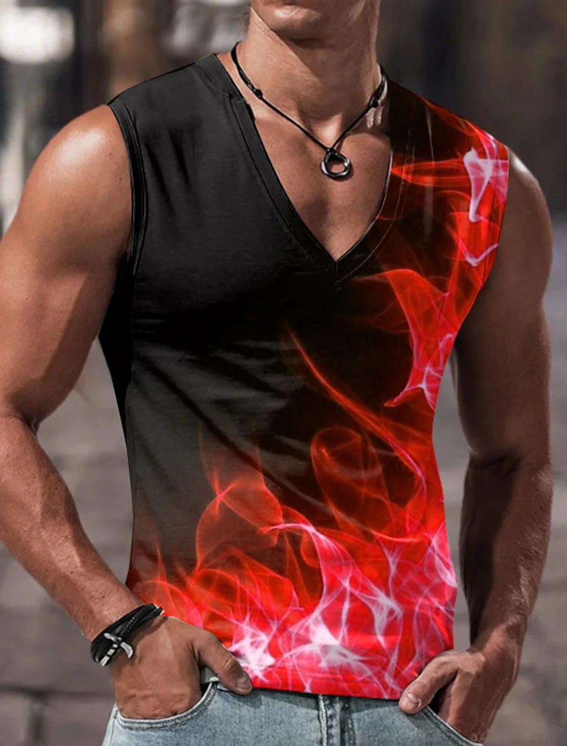 Men\'s Vest Sleeveless T Shirt Patterned Spliced Flame Shirt Casual Muscle V Neck Clothing 3D Printed Sports Running Fitness