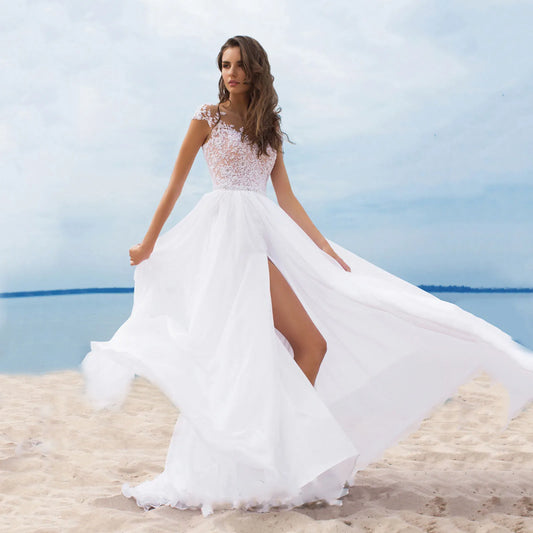 Women's Floral Lace White Dresses A Line Sexy V-Neck Sheer Mesh Large Swing Dress High Waist Bridesmaid Evening Dress For Women