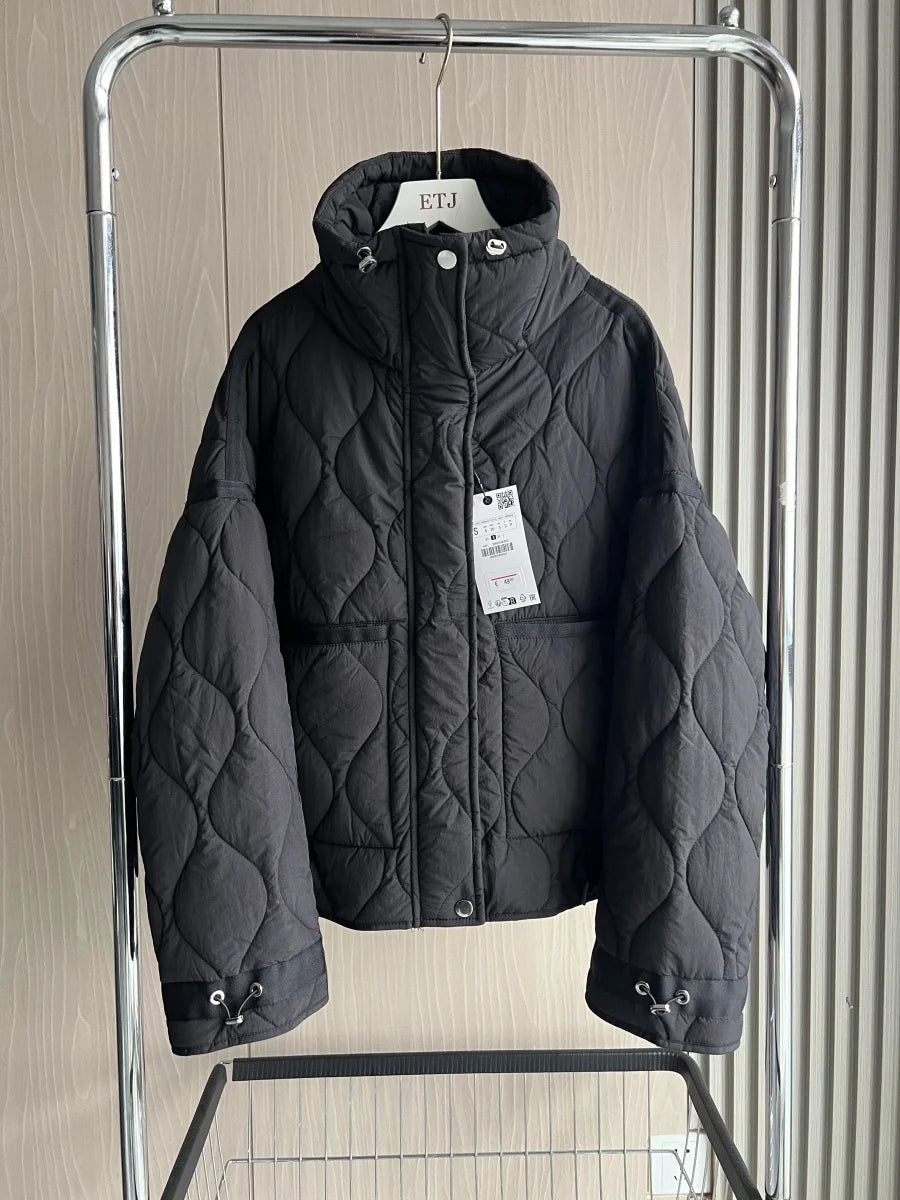 Quilted coat for women ETJ 2025 QUILTED JACKET WITH TIES new beige drawstring high neck pocket clip cotton jacket for women