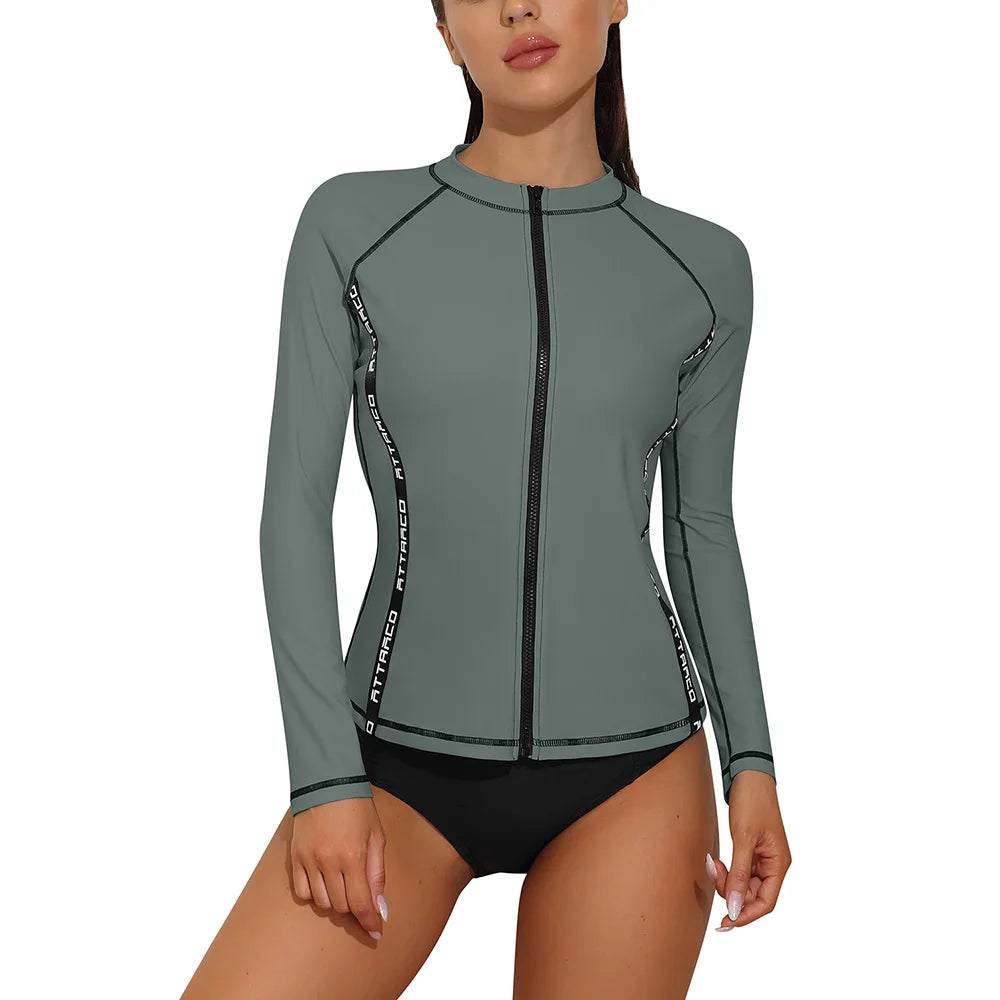 Anfilia Rash Guard for Women Long Sleeve Zipper Front Swim Shirt UPF 50 Swimming Shirt Top