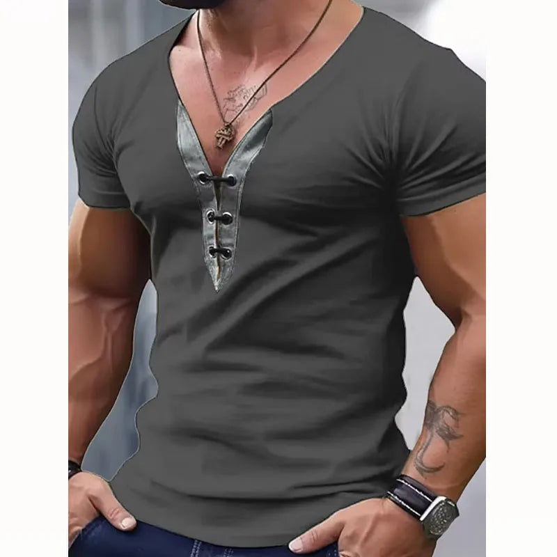 Classic Top Mens Vintage V Neck Drawstring Patchwork T Shirt Casual Short Sleeve Slim Fit Men T-Shirts Summer Leisure Pullovers