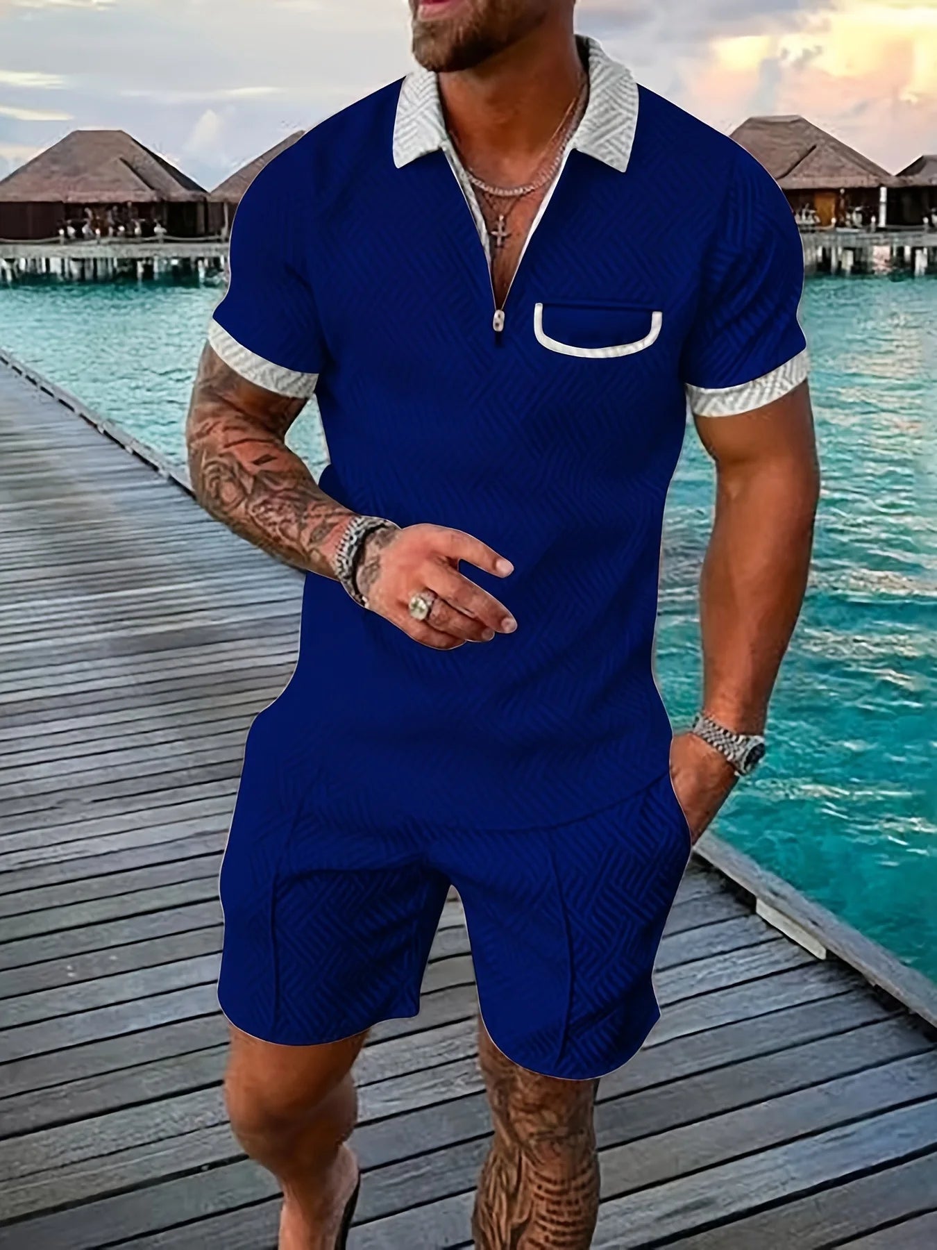 2025 new summer Hawaiian Beach men's fashion lapel casual suit 3D digital print pullover zip-up short-sleeved men's shorts