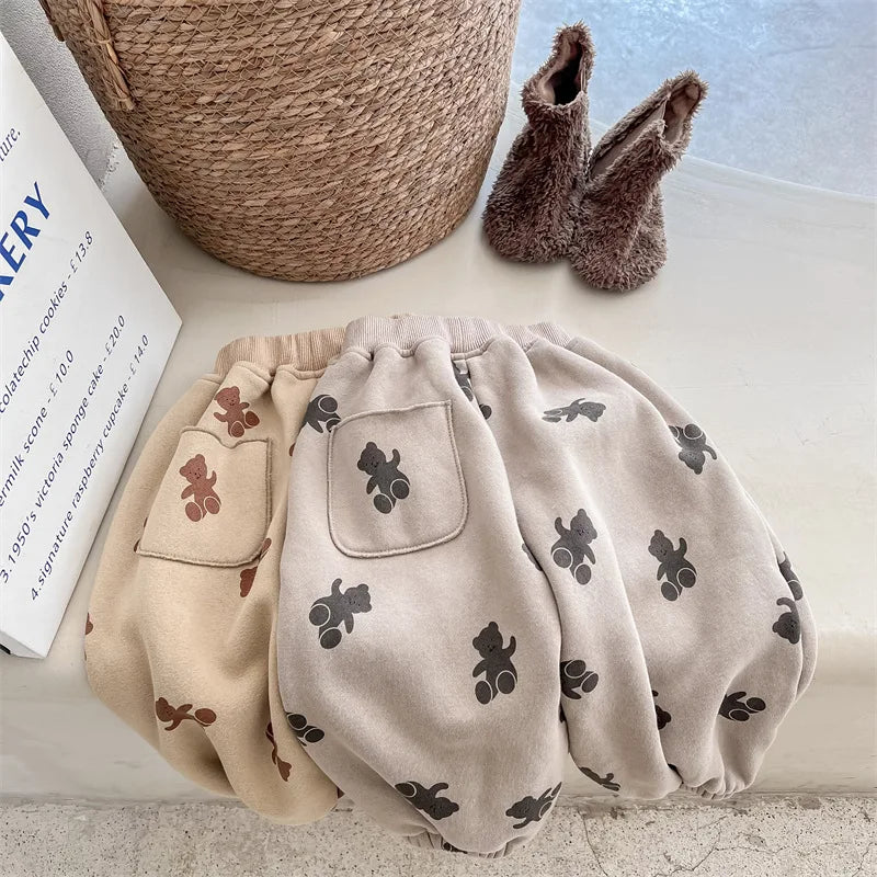 Winter Boys and girls cartoon bears inner fleece sweatpants Children thicken warm loose Trousers