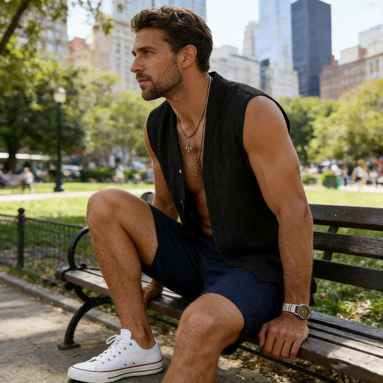 2026 Men's Sleeveless Cotton Linen Shirt Turn Down Collar Button Up Casual Beach Tops