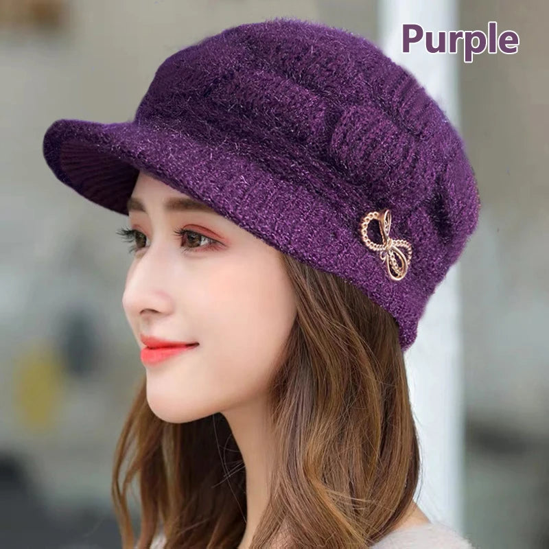 Winter Warm Hat Knitted Hat Casual Fashion Mom Cap Grandmother Hat Plush Thickened Fleece-Lined Warm Wool Christmas Gift