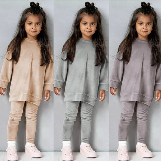2024 Spring Kids Girl Velvet Suit Long Sleeve Pants Solid Clothes For Infant Toddler Boy Pullover Sweatshirt Set Teenage Outfits