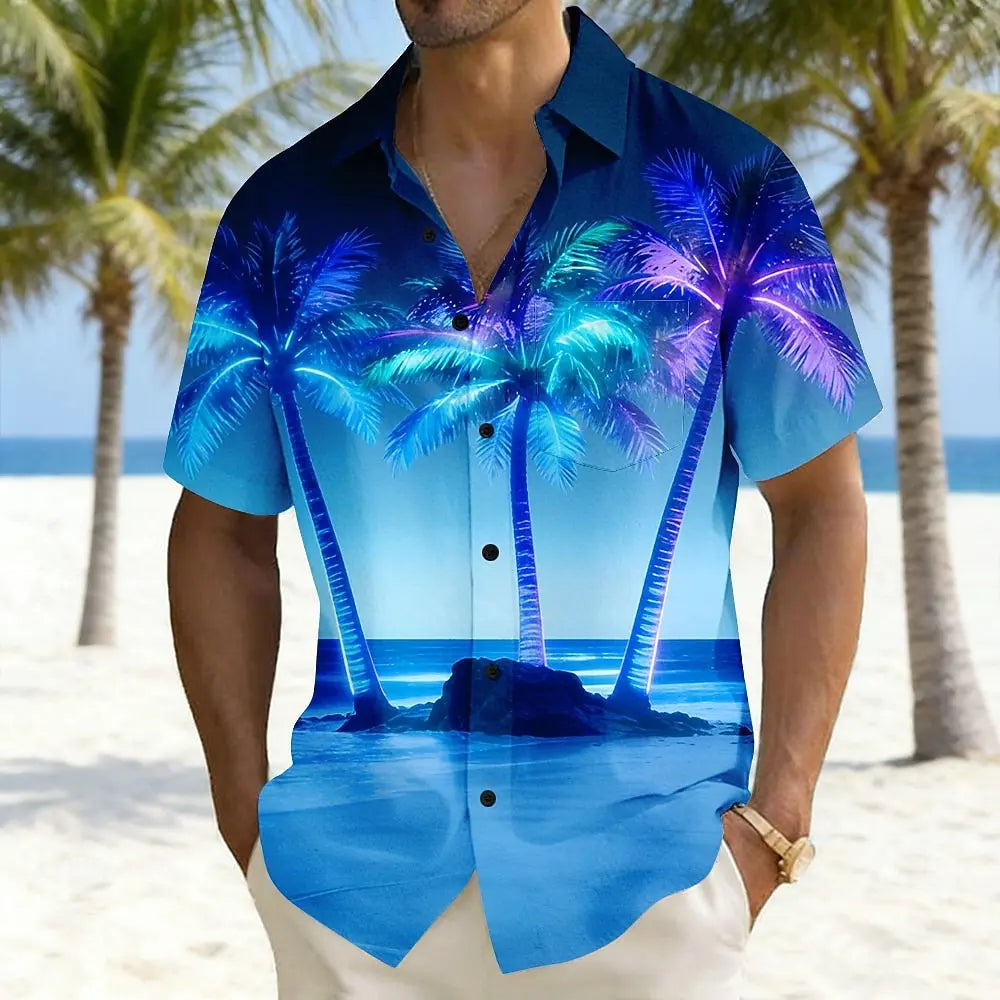 2026 Men's Coconut Tree Landscape Neon Glow Shirts Hawaiian Shirt Aloha Shirt Short Sleeve Vacation Summer Front One Pocket