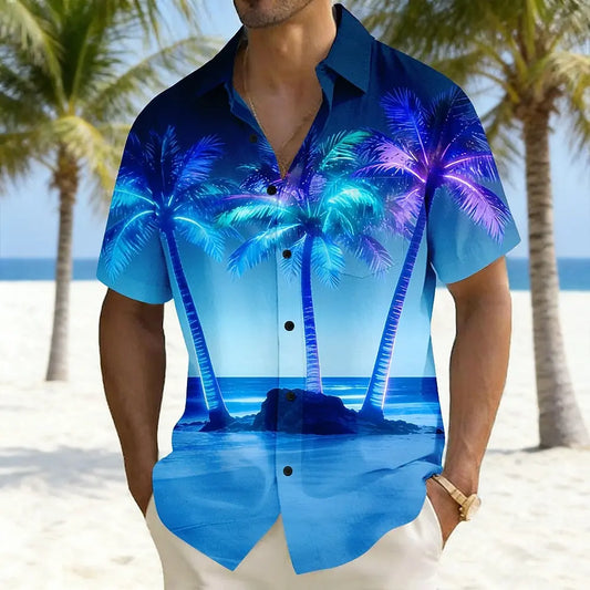 2026 Men's Coconut Tree Landscape Neon Glow Shirts Hawaiian Shirt Aloha Shirt Short Sleeve Vacation Summer Front One Pocket