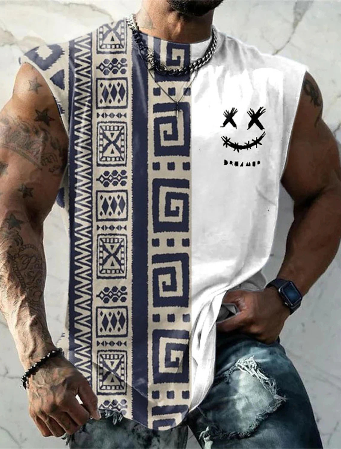 Summer New Men's Vest T Shirt Patterned Tribal Round Neck Clothing Daily Fitness Sports Vintage Sleeveless Printed Ethnic Tops