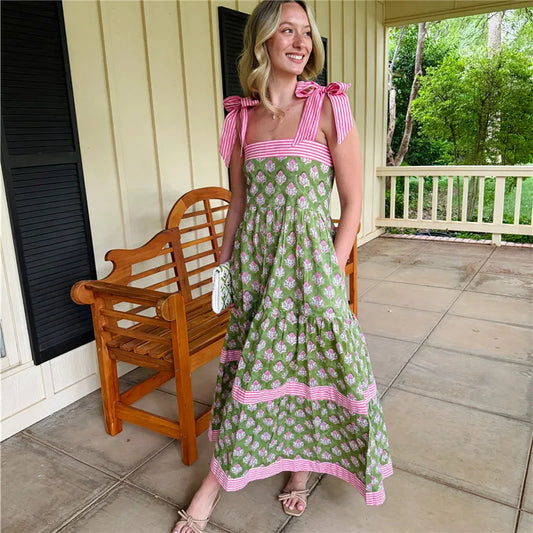 hirigin Women Summer Boho Maxi Dress Vintage Floral Tie Shoulder Flowy Long Dress Square Neck Ruffle Tiered Beach Sundress