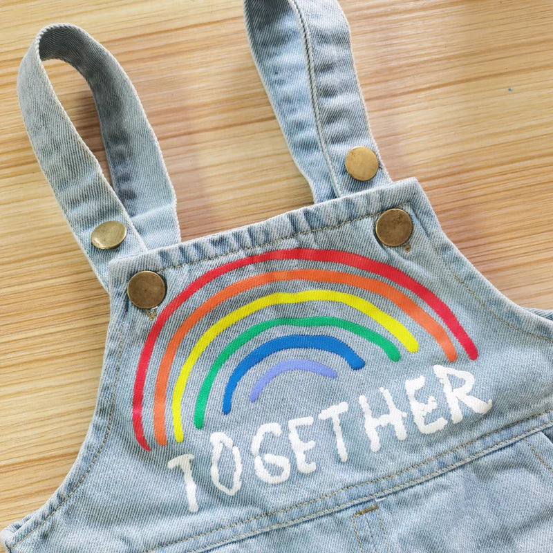 IENENS Baby Dungarees Girls Overalls Hole Wash Jeans Rainbow Print Trousers Denim Jumpsuit Toddler Infant Long Pants 0-4 Years