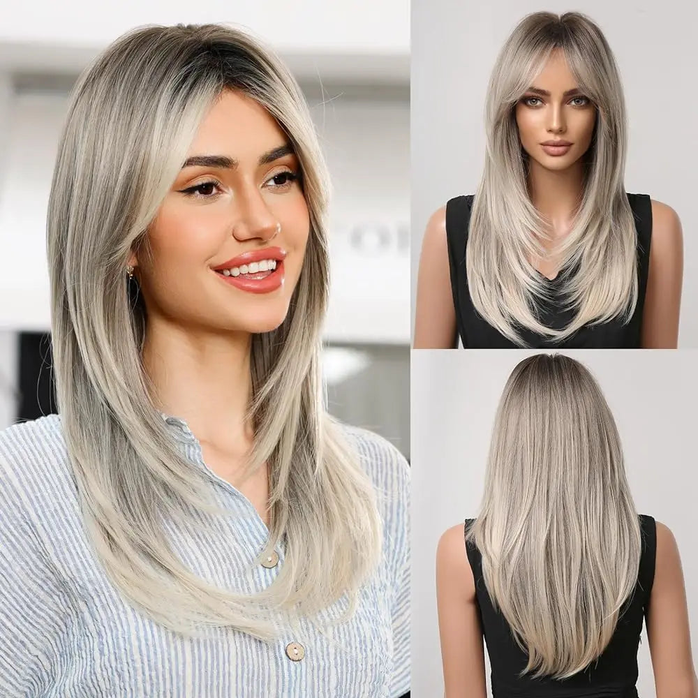 LOUIS FERRE Black Pink Ombre Synthetic Wigs for Cosplay Long Straight Layered Wigs with Bangs for Women Heat Resistant Fake Hair