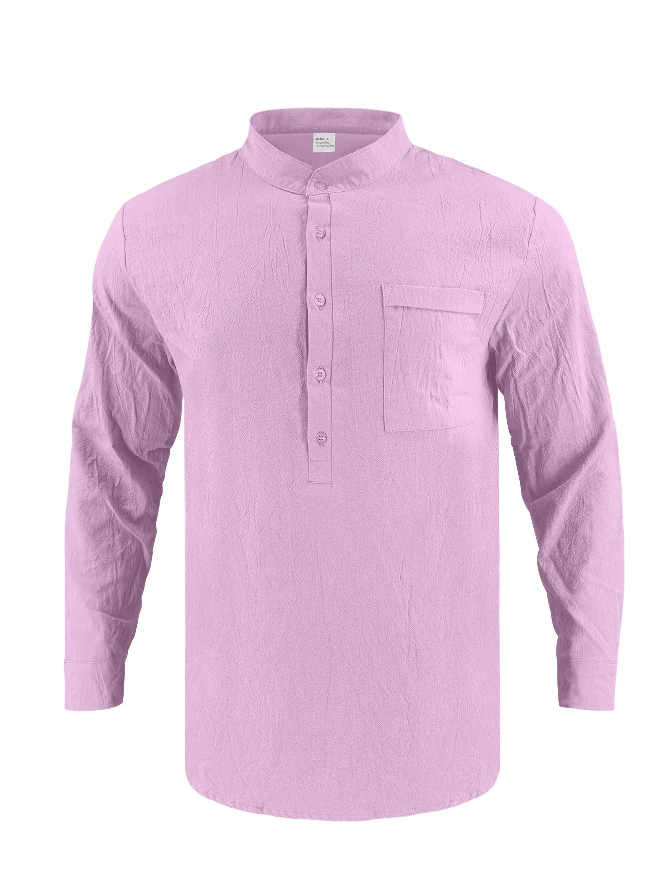 Summer Men's Linen Henry Long Sleeve T-Shirt  European and American Woven Solid Color Casual Polo Shirt