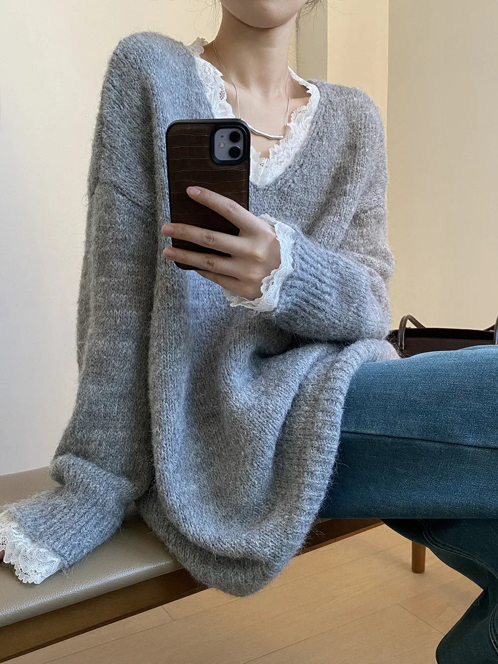 Aoaiiys Sweaters Women V Neck Lace Spliced Pullovers Vintage Chic Knitted Jumpers Autumn Winter New Comfortable Loose Sweaters