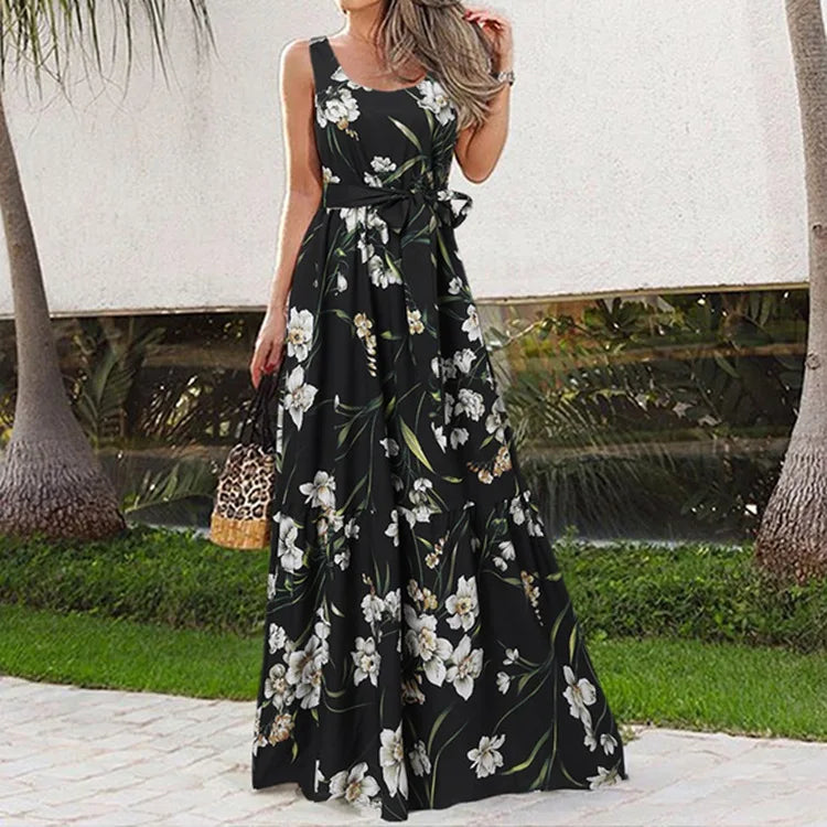 Summer Flower Print Sleeveless Long Dresses Women Elegant Casual Vacation Style Dress O Neck High Waist Leace-up Maxi Vestidos