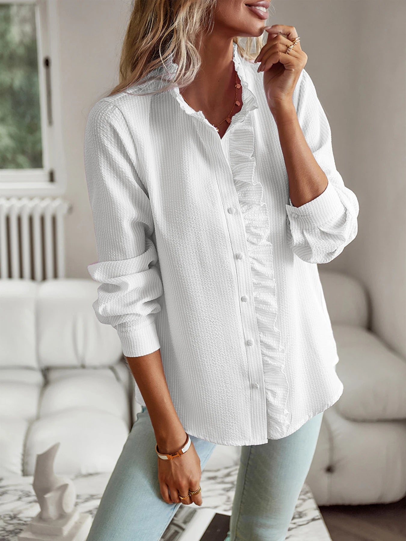 New Style 2024 temperament commuter blouse cardigan ruffled long-sleeved puffy-sleeved shirt blouse woman