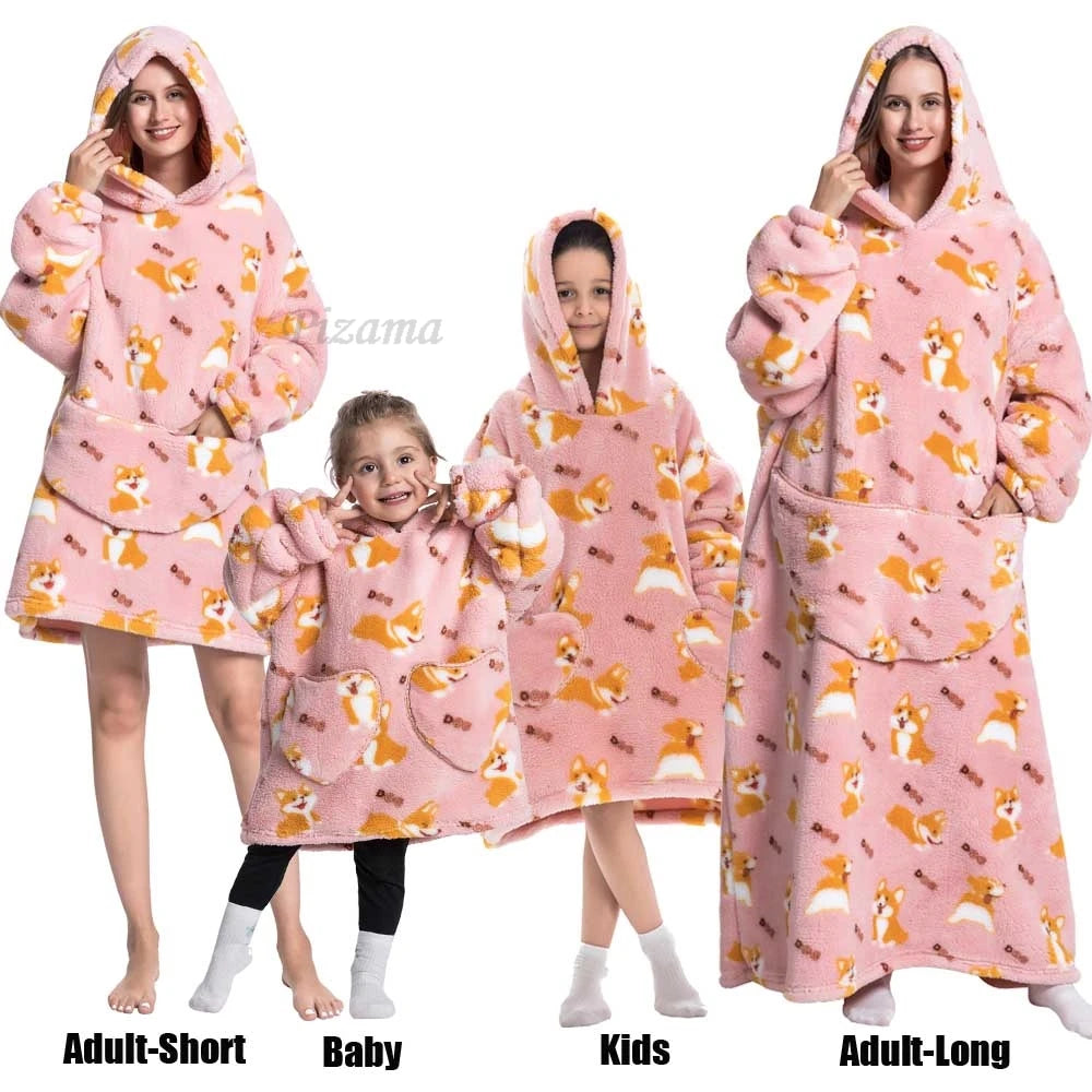 Oversize Winter Sherpa Blanket Plush Polar Fleece Family Matching Hoodie Girl Sweatshirt Homewear Avocado Animal Print Outwear