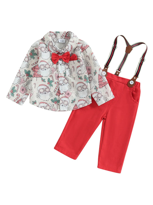 0-24M Baby Boys Formal Suit for Christmas Infant Long Sleeve Santa Print Shirts with Bow-tie + Suspender Pants Gentleman Set