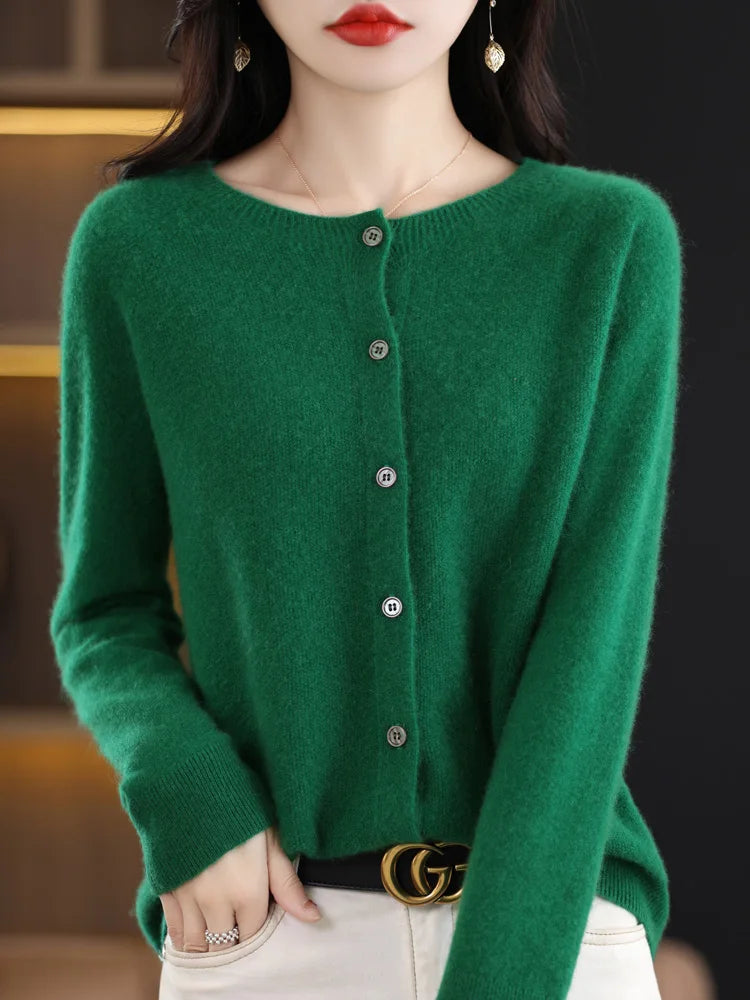 Long Sleeve 100% Merino Wool Sweaters Cashmere Cardigan Spring Autumn Women O-Neck Knitwear Tops Clothing Fashion Basic Tops