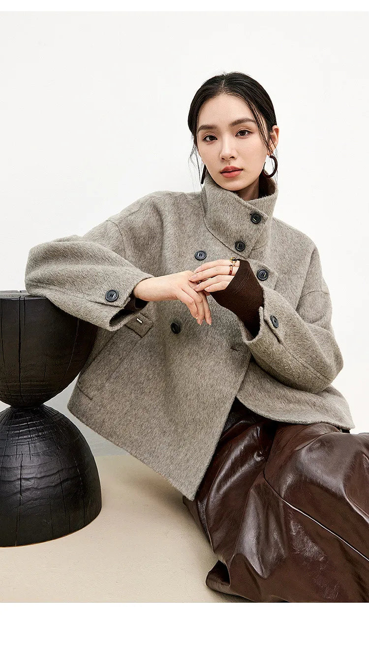 SENTUBILA 100% Wool Coats For Women Winter Jackets 2025 Stand Turtleneck Double Sided Short Outerwears Female Clothes W44O56626