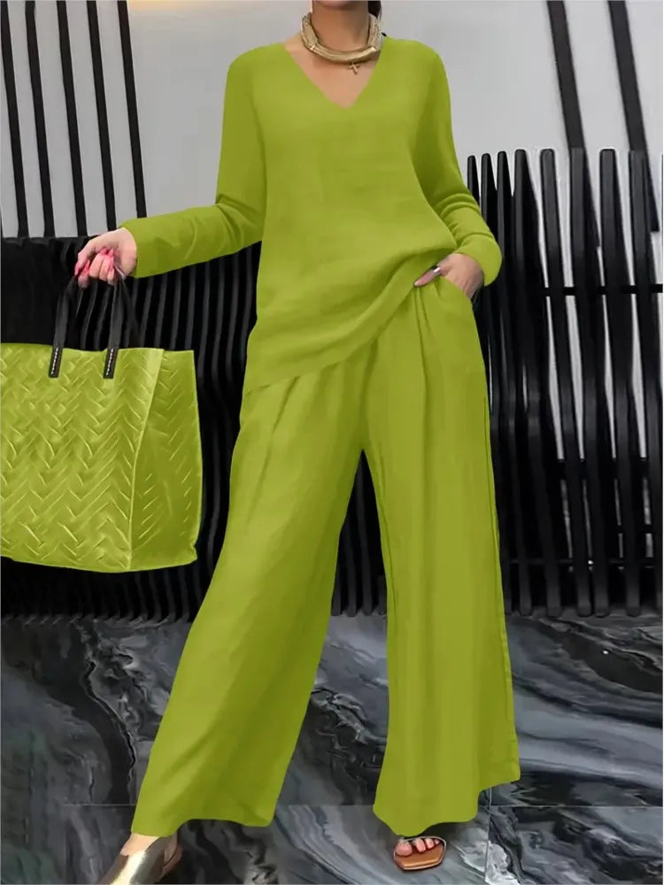 Solid Color Casual V-neck Trousers Women's 2piece Set Spring Autumn New Fashion Pocket Straight Trousers Female Office Suit 2025